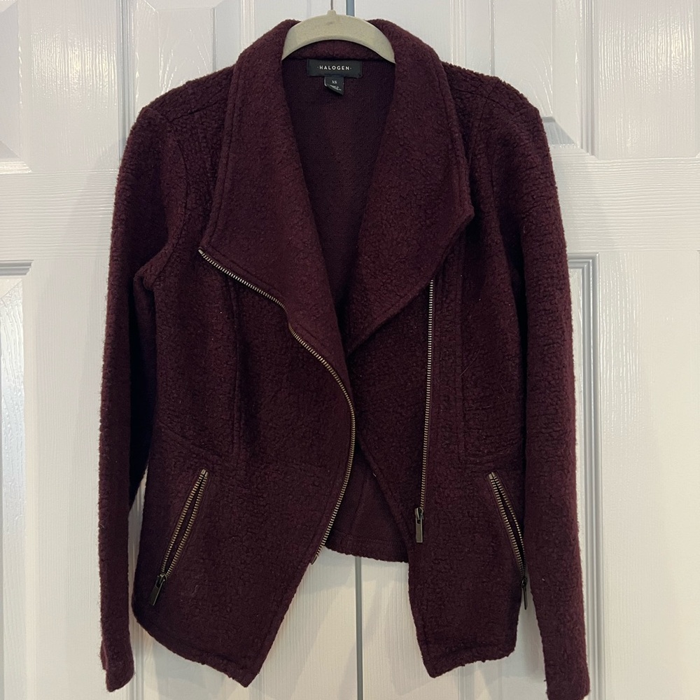 Halogen knit moto jacket, burgundy, XS